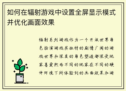 如何在辐射游戏中设置全屏显示模式并优化画面效果